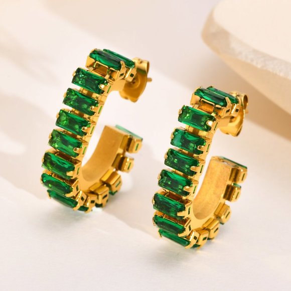 Boutique Jewelry - Emerald Green Zircon Baguette PVD 18K Gold Plated J Shape Hoop Earrings